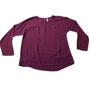 Xhilaration Lace Trim Long Sleeve Scoop neck Blouse Size L Boho Light Chiffon